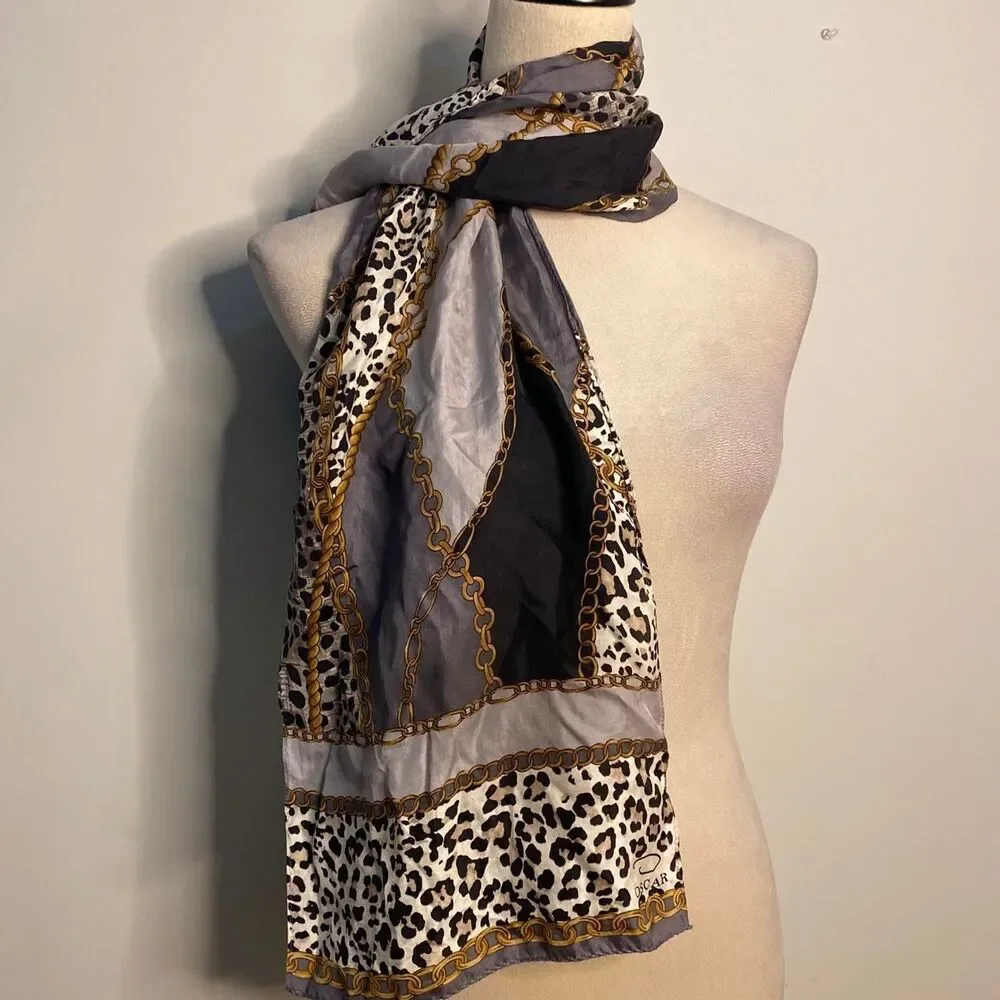 y2k Oscar de la Renta silk leopard print scarf with gold chain print